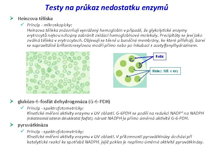 Testy na průkaz nedostatku enzymů Ø Heinzova tělíska ü Princip - mikroskopicky: Heinzova tělíska