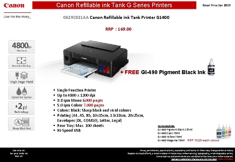 Canon Refillable ink Tank G Series Printers Retail Price Jan 2019 0629 C 021