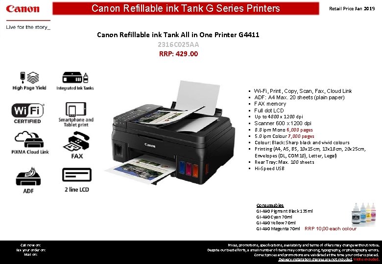 Canon Refillable ink Tank G Series Printers Retail Price Jan 2019 Canon Refillable ink