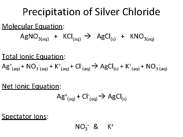 Precipitation of Silver Chloride Molecular Equation: Ag. NO 3(aq) + KCl(aq) Ag. Cl(s) +