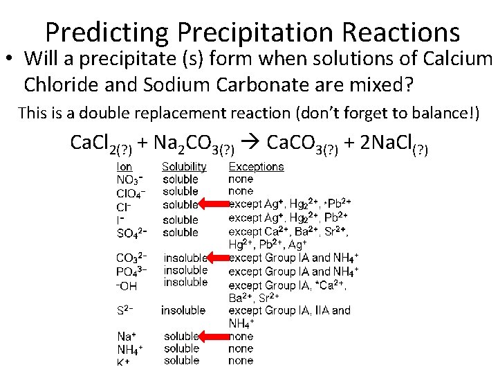 Predicting Precipitation Reactions • Will a precipitate (s) form when solutions of Calcium Chloride