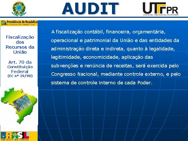 AUDIT A fiscalização contábil, financeira, orçamentária, Fiscalização dos Recursos da União Art. 70 da