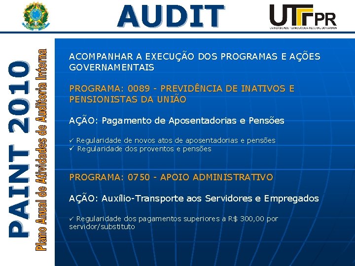 PAINT 2010 AUDIT ACOMPANHAR A EXECUÇÃO DOS PROGRAMAS E AÇÕES GOVERNAMENTAIS PROGRAMA: 0089 -