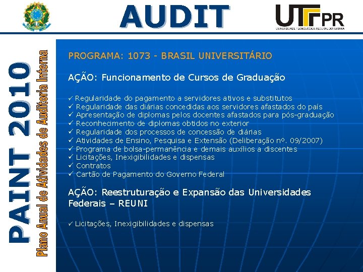PAINT 2010 AUDIT PROGRAMA: 1073 - BRASIL UNIVERSITÁRIO AÇÃO: Funcionamento de Cursos de Graduação