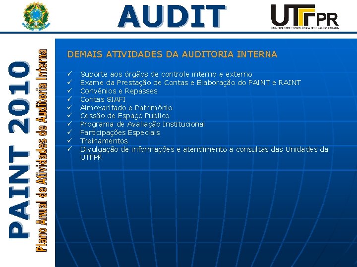 PAINT 2010 AUDIT DEMAIS ATIVIDADES DA AUDITORIA INTERNA ü ü ü ü ü Suporte