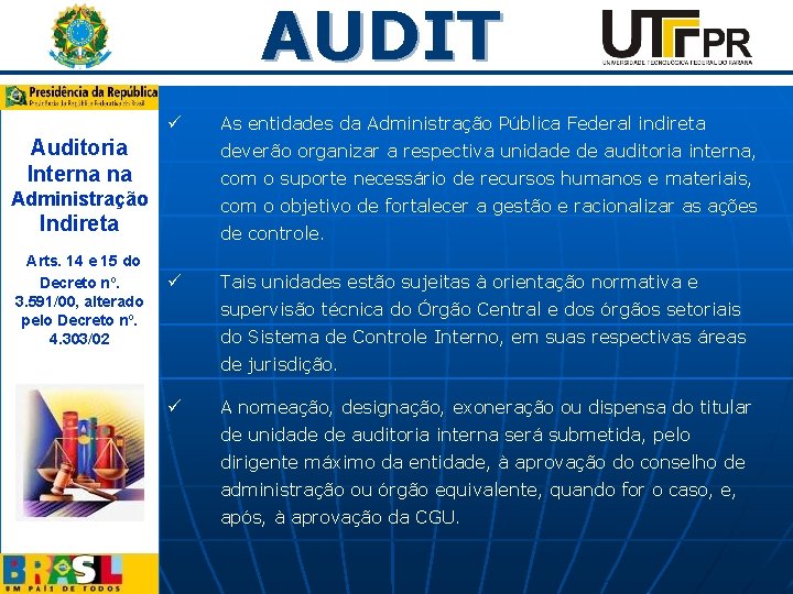 AUDIT ü As entidades da Administração Pública Federal indireta Auditoria Interna na deverão organizar