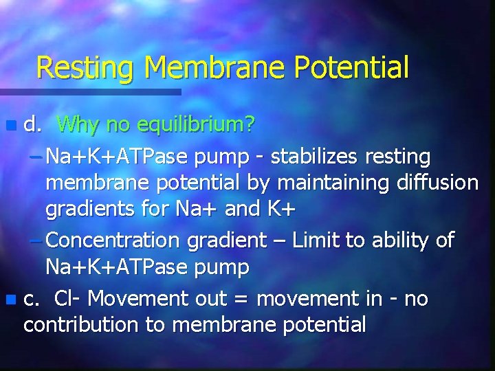 Resting Membrane Potential d. Why no equilibrium? – Na+K+ATPase pump - stabilizes resting membrane