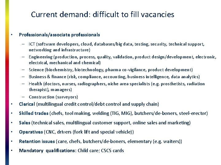 Current demand: difficult to fill vacancies • Professionals/associate professionals • – ICT (software developers,