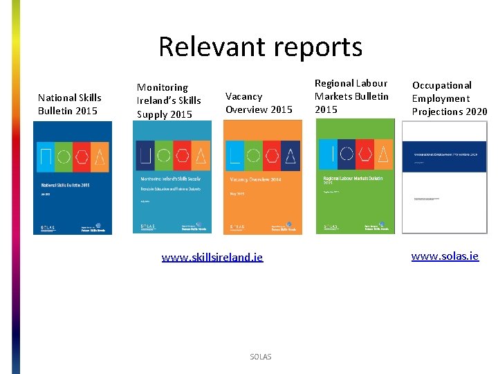 Relevant reports National Skills Bulletin 2015 Monitoring Ireland’s Skills Supply 2015 Vacancy Overview 2015