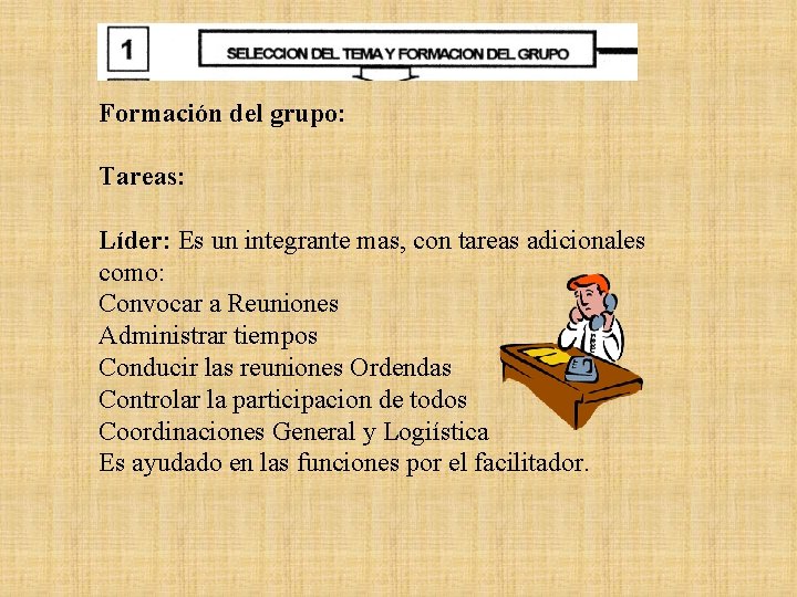 Formación del grupo: Tareas: Líder: Es un integrante mas, con tareas adicionales como: Convocar