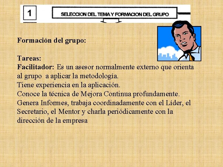 Formación del grupo: Tareas: Facilitador: Es un asesor normalmente externo que orienta al grupo