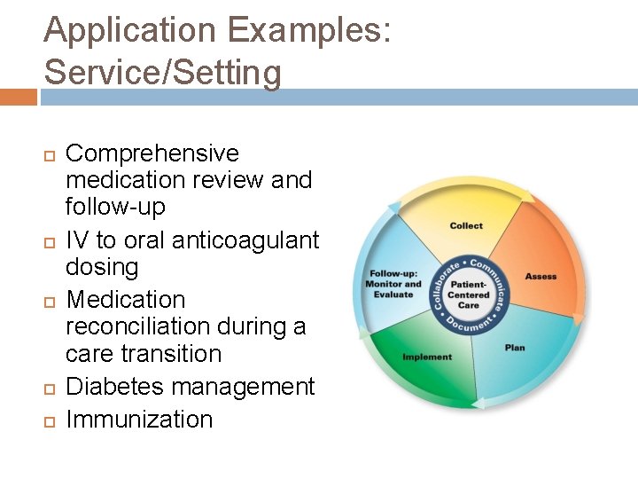 Application Examples: Service/Setting Comprehensive medication review and follow-up IV to oral anticoagulant dosing Medication