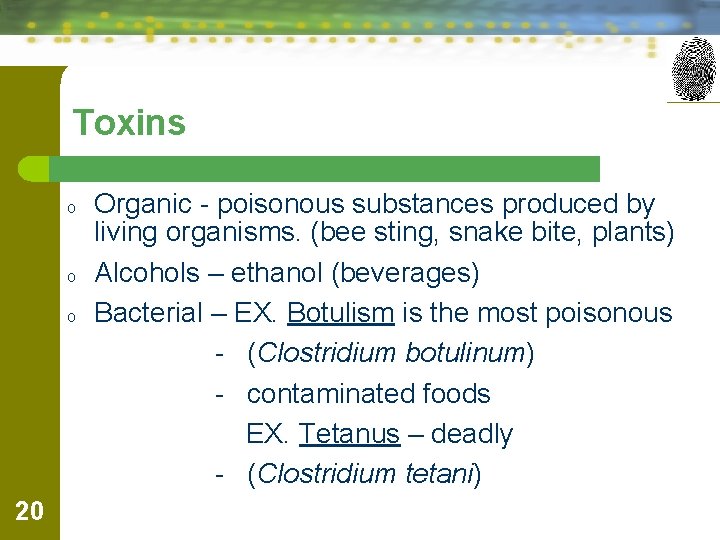 Toxins o o o 20 Organic - poisonous substances produced by living organisms. (bee