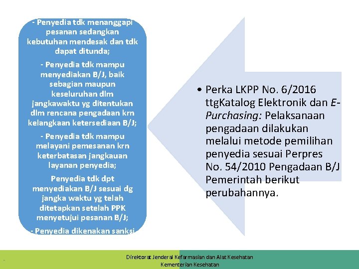 - Tidak ada di e-katalog; - Penyedia tdk menanggapi pesanan sedangkan kebutuhan mendesak dan