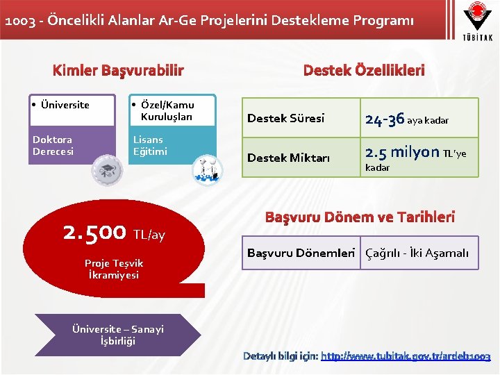 1003 - Öncelikli Alanlar Ar-Ge Projelerini Destekleme Programı • Üniversite • Özel/Kamu Kuruluşları Doktora