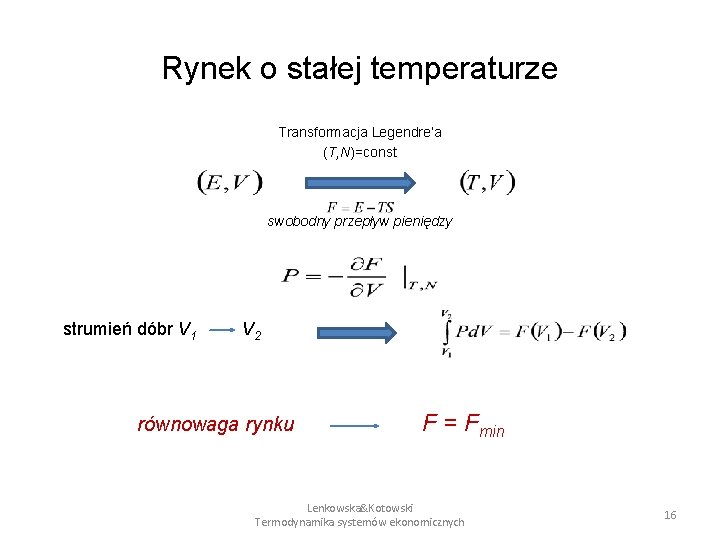 Rynek o stałej temperaturze Transformacja Legendre’a (T, N)=const swobodny przepływ pieniędzy strumień dóbr V