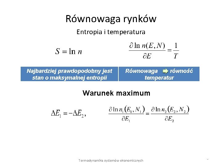 Równowaga rynków Entropia i temperatura Najbardziej prawdopodobny jest stan o maksymalnej entropii Równowaga równość