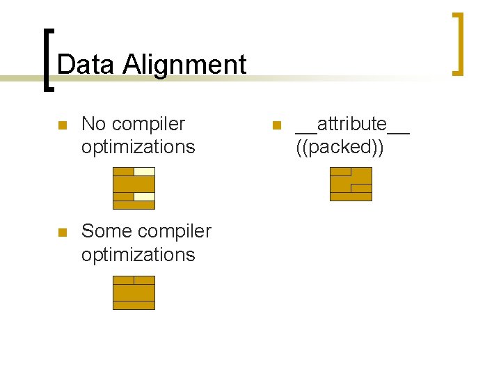 Data Alignment n No compiler optimizations n Some compiler optimizations n __attribute__ ((packed)) 