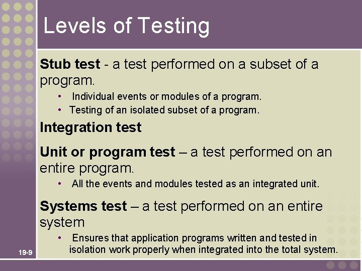 Levels of Testing Stub test - a test performed on a subset of a