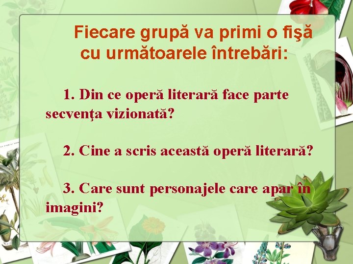 Fiecare grupă va primi o fişă cu următoarele întrebări: 1. Din ce operă literară
