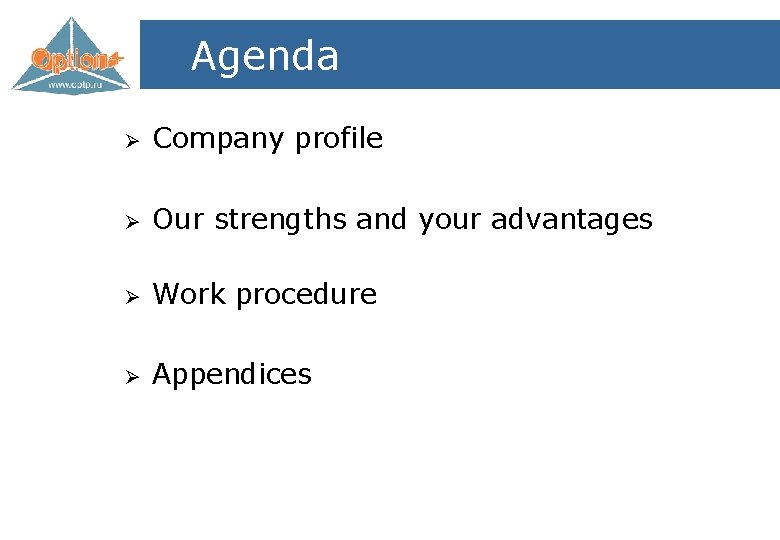 Agenda Ø Company profile Ø Our strengths and your advantages Ø Work procedure Ø