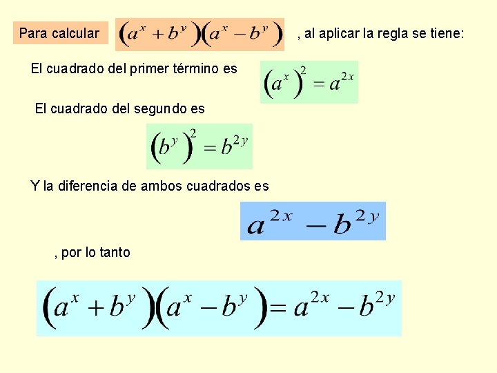 Para calcular El cuadrado del primer término es El cuadrado del segundo es Y