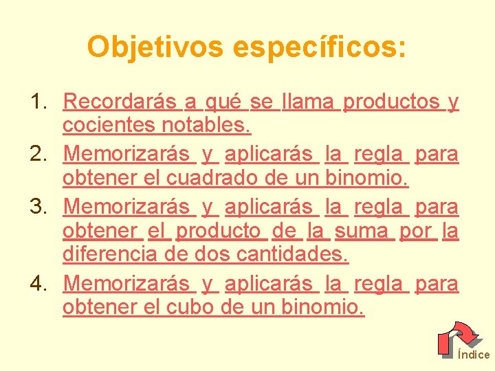 Objetivos específicos: 1. Recordarás a qué se llama productos y cocientes notables. 2. Memorizarás