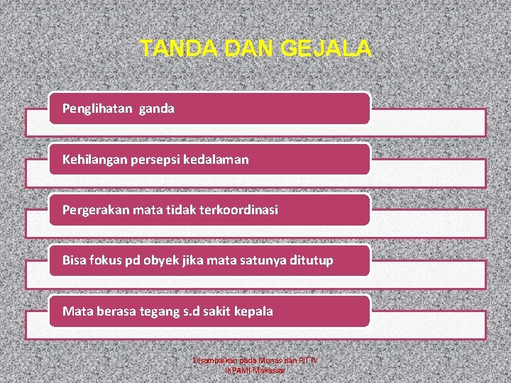 TANDA DAN GEJALA Penglihatan ganda Kehilangan persepsi kedalaman Pergerakan mata tidak terkoordinasi Bisa fokus