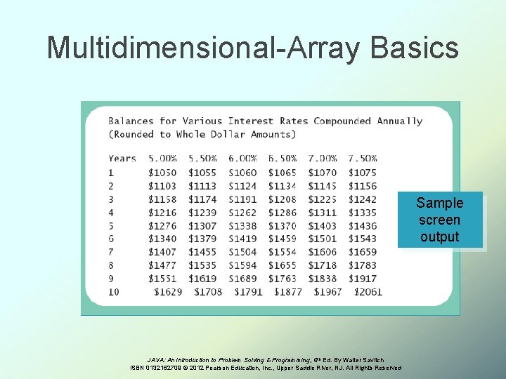 Multidimensional-Array Basics Sample screen output JAVA: An Introduction to Problem Solving & Programming, 6