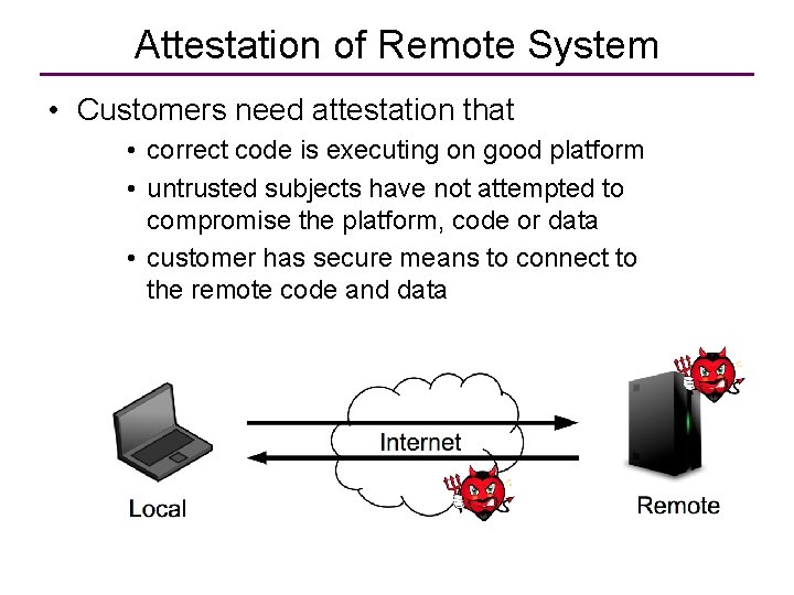 Attestation of Remote System • Customers need attestation that • correct code is executing