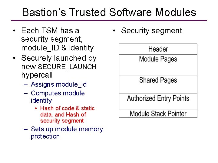 Bastion’s Trusted Software Modules • Each TSM has a security segment, module_ID & identity