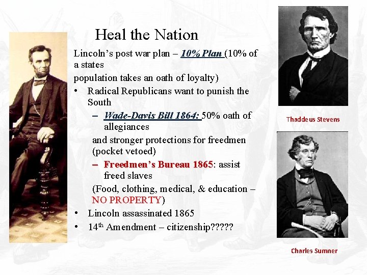 Heal the Nation Lincoln’s post war plan – 10% Plan (10% of a states