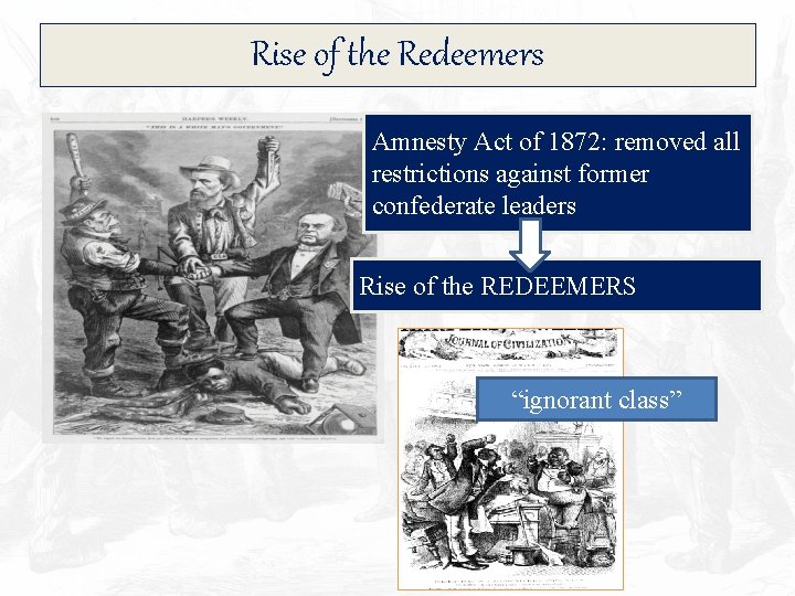Rise of the Redeemers Amnesty Act of 1872: removed all restrictions against former confederate