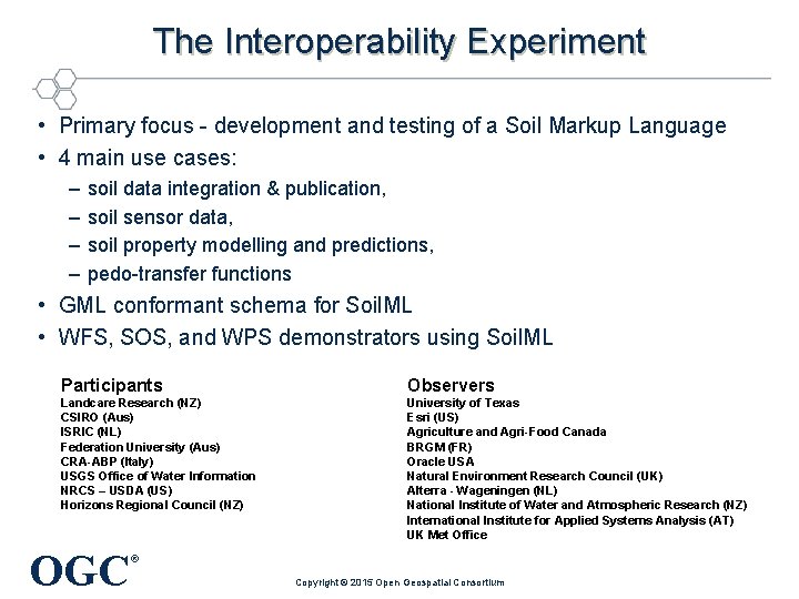 The Interoperability Experiment • Primary focus - development and testing of a Soil Markup