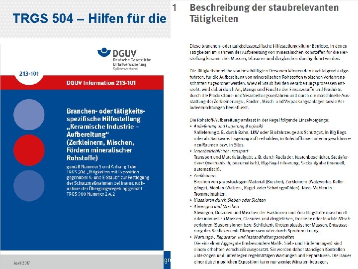 TRGS 504 – Hilfen für die Übergangszeit Dr. Guldner/Beschorner Allgemeiner Staubgrenzwert 28. 10. 2015