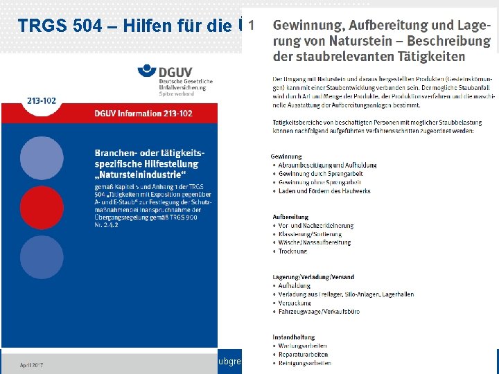 TRGS 504 – Hilfen für die Übergangszeit Dr. Guldner/Beschorner Allgemeiner Staubgrenzwert 28. 10. 2015