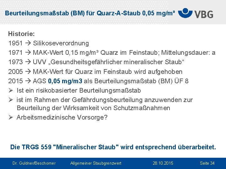 Beurteilungsmaßstab (BM) für Quarz-A-Staub 0, 05 mg/m³ Historie: 1951 Silikoseverordnung 1971 MAK-Wert 0, 15