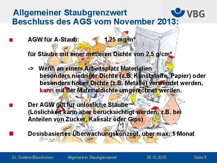 Allgemeiner Staubgrenzwert Beschluss des AGS vom November 2013: AGW für A-Staub: 1, 25 mg/m³