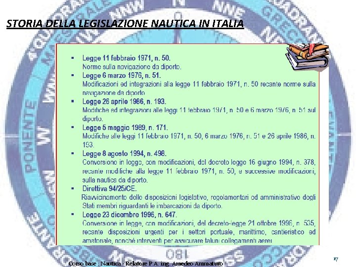 STORIA DELLA LEGISLAZIONE NAUTICA IN ITALIA Corso base : Nautica - Relatore P. A.