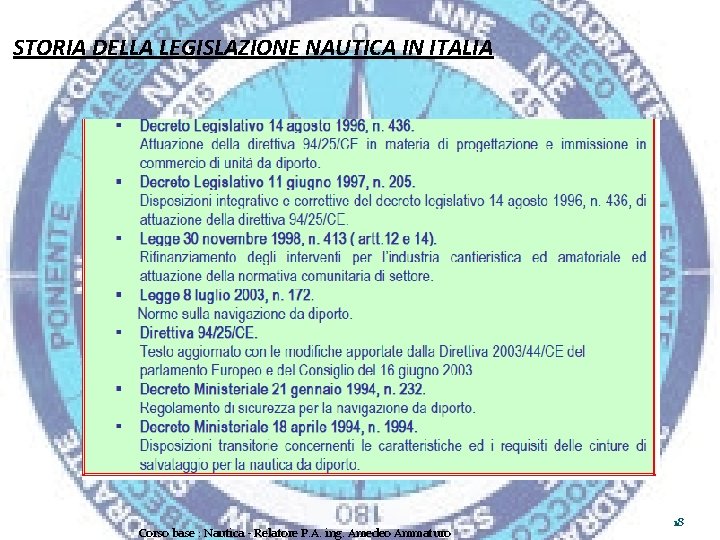 STORIA DELLA LEGISLAZIONE NAUTICA IN ITALIA Corso base : Nautica - Relatore P. A.