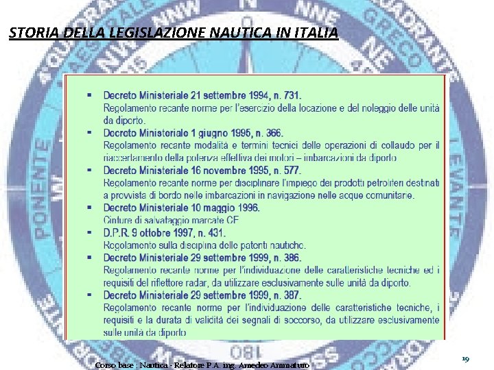 STORIA DELLA LEGISLAZIONE NAUTICA IN ITALIA Corso base : Nautica - Relatore P. A.