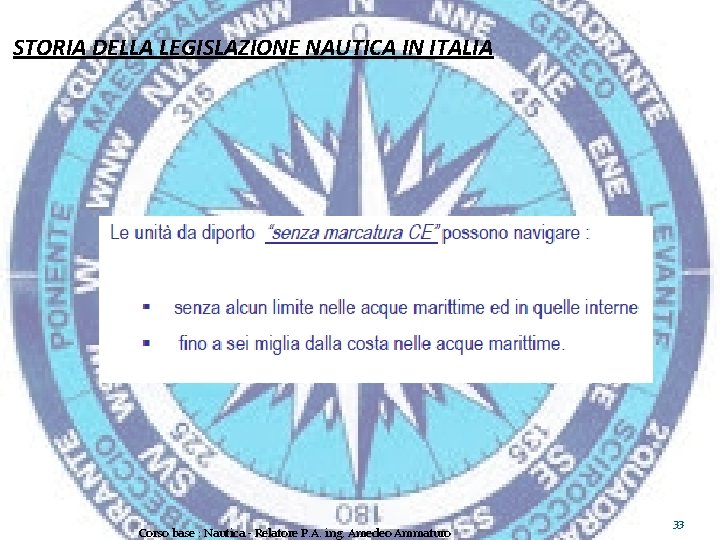 STORIA DELLA LEGISLAZIONE NAUTICA IN ITALIA Corso base : Nautica - Relatore P. A.