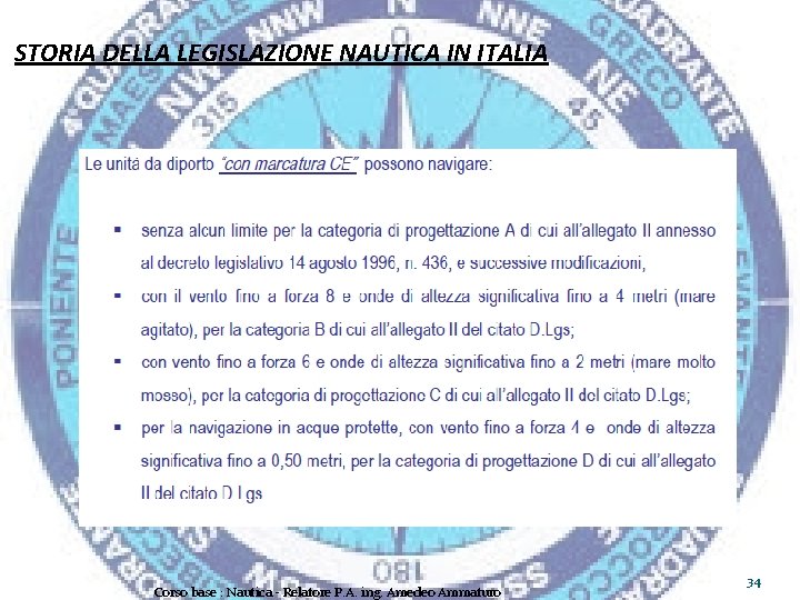 STORIA DELLA LEGISLAZIONE NAUTICA IN ITALIA Corso base : Nautica - Relatore P. A.