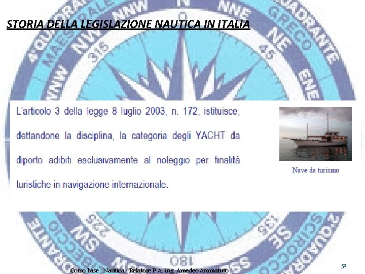 STORIA DELLA LEGISLAZIONE NAUTICA IN ITALIA Corso base : Nautica - Relatore P. A.