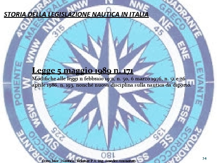 STORIA DELLA LEGISLAZIONE NAUTICA IN ITALIA Legge 5 maggio 1989 n. 171 Modifiche alle