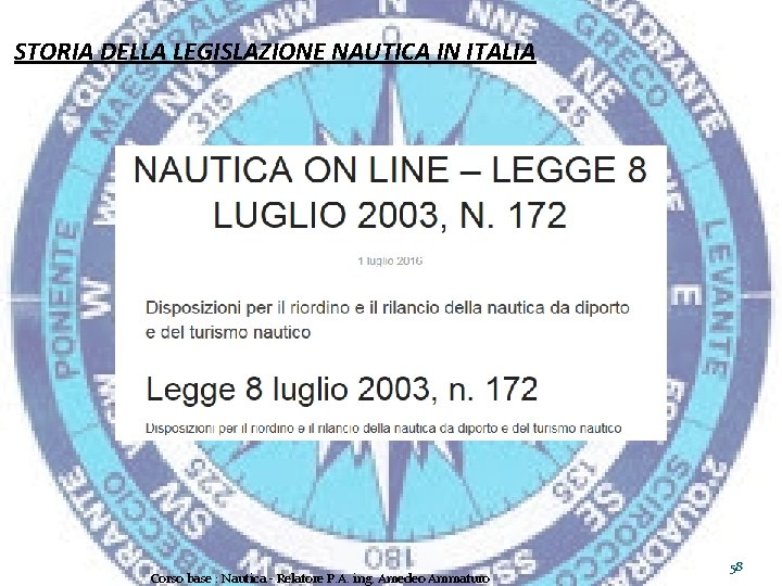 STORIA DELLA LEGISLAZIONE NAUTICA IN ITALIA Corso base : Nautica - Relatore P. A.