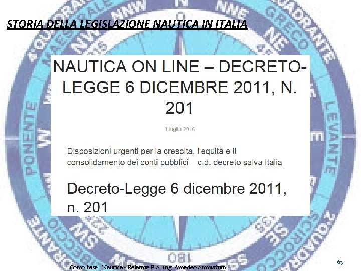 STORIA DELLA LEGISLAZIONE NAUTICA IN ITALIA Corso base : Nautica - Relatore P. A.