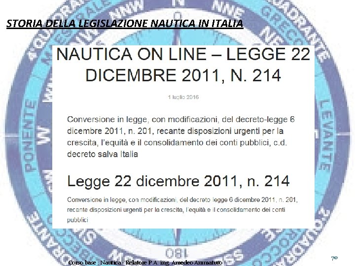 STORIA DELLA LEGISLAZIONE NAUTICA IN ITALIA Corso base : Nautica - Relatore P. A.