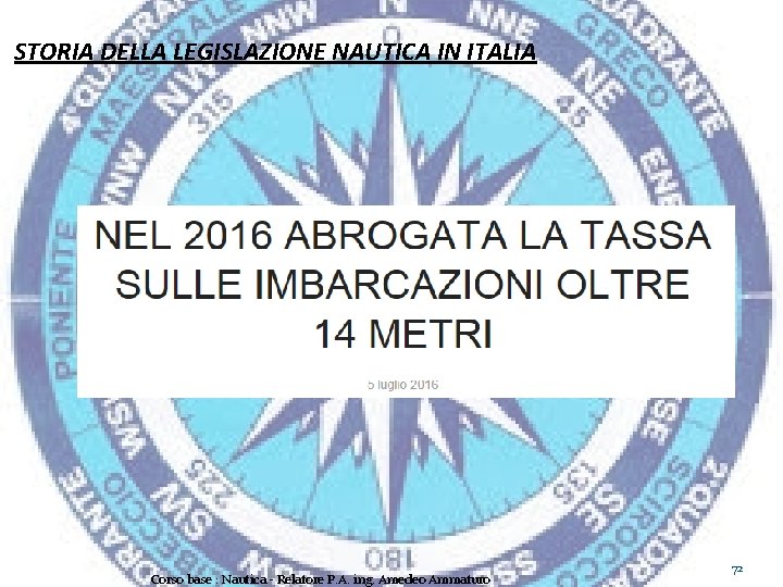 STORIA DELLA LEGISLAZIONE NAUTICA IN ITALIA Corso base : Nautica - Relatore P. A.