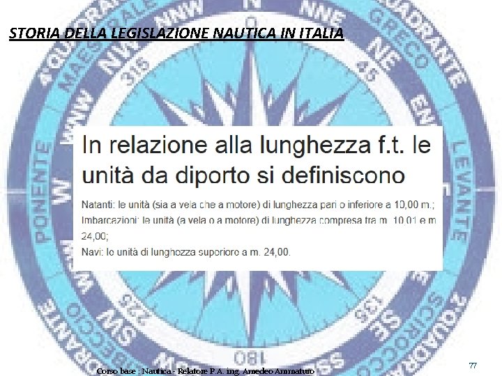 STORIA DELLA LEGISLAZIONE NAUTICA IN ITALIA Corso base : Nautica - Relatore P. A.